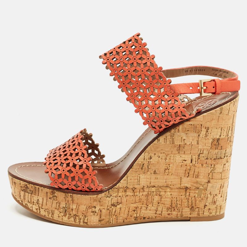 Tory Burch Daisy Size 41 Orange Perforated Leather Wedge Sandals